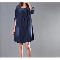 Women\'s Going out Casual/Daily Vintage Street chic Loose Denim Dress, Solid Round Neck Above Knee ¾ Sleeve Cotton Denim Spring SummerMid