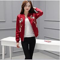 Women\'s Casual/Daily Simple Spring Fall Jacket, Floral Round Neck Long Sleeve Short Cotton Embroidered