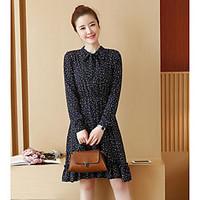 Women\'s Casual/Daily Skater Dress, Polka Dot Shirt Collar Knee-length Long Sleeve Others Summer Mid Rise Inelastic Thin