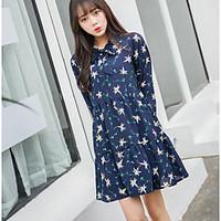 Women\'s Going out Swing Dress, Floral Shirt Collar Above Knee Long Sleeve Others Spring Mid Rise Micro-elastic Medium