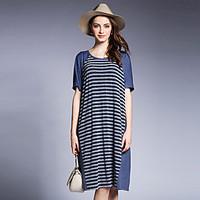 Women\'s Going out Casual/Daily Cute Shift Dress, Striped Round Neck Midi Short Sleeve Cotton Spandex Summer Mid Rise Stretchy Medium
