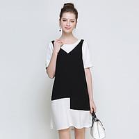 Women\'s Going out Casual/Daily Street chic Shift Dress, Color Block Round Neck Above Knee Short Sleeve Polyester Summer Mid Rise Inelastic