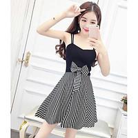 Women\'s Going out Casual/Daily Skater Dress, Striped Strap Above Knee Sleeveless Rayon Summer Mid Rise Inelastic Thin