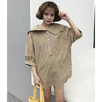 womens casualdaily loose dress check shirt collar above knee long slee ...