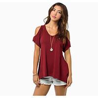 Women\'s Going out Casual/Daily Sexy Simple Summer T-shirt, Solid V Neck Short Sleeve Cotton Medium