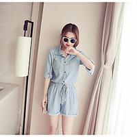 Women\'s Casual/Daily Simple Shirt Skirt Suits, Solid U Neck ½ Length Sleeve Denim Micro-elastic