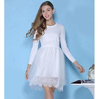 Women\'s Going out Casual/Daily Lace Dress, Solid Round Neck Mini Long Sleeve Polyester Summer Mid Rise Micro-elastic Medium