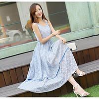 Women\'s Casual/Daily Loose Dress, Floral Round Neck Maxi Sleeveless Chiffon Summer Mid Rise Micro-elastic Medium