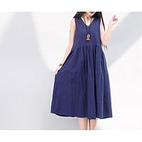 Women\'s Casual/Daily Simple A Line Dress, Solid V Neck Midi Sleeveless Linen Summer Mid Rise Micro-elastic Medium
