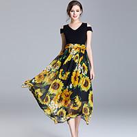 Women\'s Going out Street chic Swing Dress, Floral Off Shoulder Midi Short Sleeve Nylon Summer Mid Rise Micro-elastic Medium