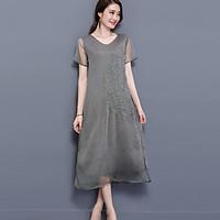 Women\'s Plus Size Casual/Daily Street chic Loose Dress, Embroidered Round Neck Midi Short Sleeve Nylon Summer Mid Rise Micro-elastic Medium