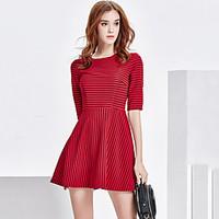 Women\'s Going out Party Street chic Slim A Line Skater Dress Striped Mini 1/2 Length Sleeve Cotton /Polyester Red /Black Summer