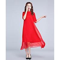 Women\'s Beach Cute A Line Dress, Solid Stand Midi ½ Length Sleeve Chiffon Satin Spring High Rise Micro-elastic Medium