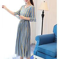 Women\'s Casual/Daily Simple Tunic Dress, Striped V Neck Midi ½ Length Sleeve Chiffon Satin Spring Summer Mid Rise Micro-elastic Medium