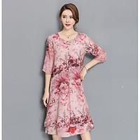 Women\'s Casual/Daily Loose Dress, Floral Round Neck Midi Short Sleeve Polyester Spring Mid Rise Micro-elastic Medium