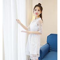 Women\'s Casual/Daily Simple A Line Dress, Solid V Neck Midi ½ Length Sleeve Polyester Summer Mid Rise Micro-elastic Medium