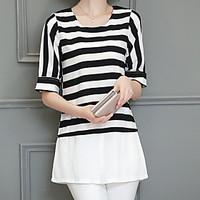 Women\'s Fine Stripe Plus Size Casual/Daily Work Simple Cute Summer Blouse, Striped Round Neck ½ Length Sleeve Blue Black Polyester