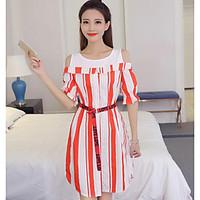 Women\'s Casual/Daily Skater Dress, Striped Round Neck Knee-length Short Sleeve Spandex Summer High Rise Inelastic Thin