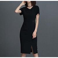 Women\'s Casual/Daily Sheath Dress, Solid Round Neck Knee-length Short Sleeve Polyester Summer Mid Rise Micro-elastic Medium