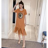 Women\'s Casual/Daily Loose Dress, Print Round Neck Midi Short Sleeve Polyester Summer Mid Rise Micro-elastic Medium