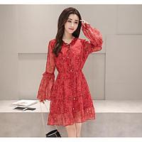Women\'s Casual/Daily Sheath Dress, Jacquard Round Neck Above Knee Long Sleeve Polyester Summer Mid Rise Micro-elastic Medium