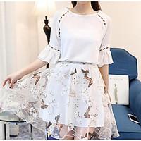 Women\'s Going out Cute Summer Blouse Skirt Suits, Floral Round Neck Short Sleeve Cut Out