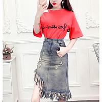 Women\'s Going out Vintage Summer T-shirt Skirt Suits, Letter Round Neck 3/4 Length Sleeve Patchwork Micro-elastic