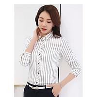 Women\'s Going out Simple T-shirt, Striped Shirt Collar Long Sleeve Cotton
