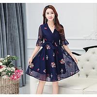 Women\'s Going out Casual/Daily A Line Dress, Floral V Neck Above Knee ¾ Sleeve Cotton Others Summer High Rise Micro-elastic Medium