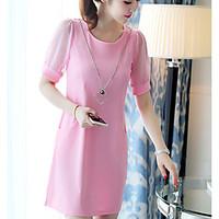 womens casualdaily loose dress solid round neck knee length short slee ...