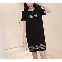 Women\'s Casual/Daily Simple Tunic Dress, Solid Letter Round Neck Knee-length Short Sleeve Cotton Summer Mid Rise Micro-elastic Medium