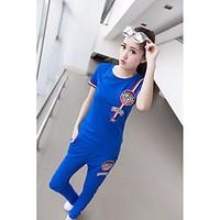Women\'s Going out Casual/Daily Simple Active T-shirt Pant Suits, Letter Round Neck Short Sleeve