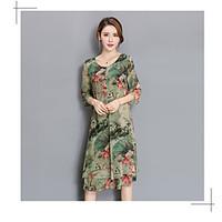 Women\'s Casual/Daily Simple Swing Dress, Print Round Neck Midi ½ Length Sleeve Viscose Summer Mid Rise Micro-elastic Medium