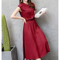 Women\'s Casual/Daily Simple Swing Dress, Solid Stand Midi Sleeveless Others Summer Mid Rise Micro-elastic Medium