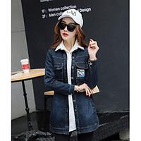 Women\'s Going out Casual/Daily Simple Street chic Spring Fall Denim Jacket, Solid Shirt Collar Long Sleeve Short Others