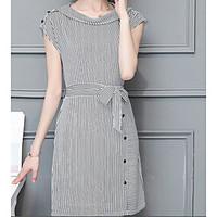 Women\'s Casual/Daily Simple Sheath Dress, Striped Round Neck Knee-length Above Knee Sleeveless Cotton Summer High Rise Micro-elastic Thin