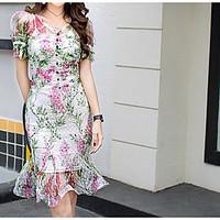Women\'s Casual/Daily Simple Bodycon Dress, Floral V Neck Midi Short Sleeve Others Summer High Rise Micro-elastic Medium