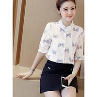 Women\'s Going out Cute Summer Blouse Skirt Suits, Print Shirt Collar ½ Length Sleeve Chiffon Polyester Micro-elastic