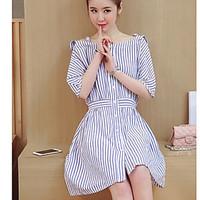 Women\'s Casual/Daily Simple Sheath Dress, Striped Round Neck Above Knee Short Sleeve Cotton Summer High Rise Micro-elastic Thin