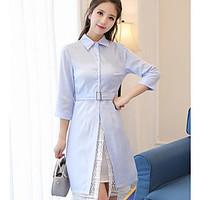 Women\'s Casual/Daily Simple Sheath Dress, Solid Stand Knee-length Short Sleeve Cotton Summer High Rise Micro-elastic Thin