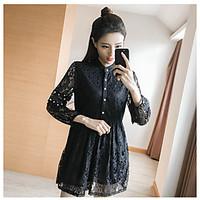 Women\'s Casual/Daily A Line Loose Dress, Solid Round Neck Above Knee Long Sleeve Cotton Lace Summer High Rise Micro-elastic Thin Medium