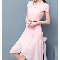 womens casualdaily simple loose dress solid round neck midi short slee ...