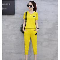 Women\'s Casual/Daily Simple Spring Summer Hoodie Pant Suits, Solid Round Neck Short Sleeve Cotton Acrylic Micro-elastic