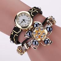 Women\'s Fashion Watch Bracelet Watch Quartz PU Band Sparkle Flower Pearls Black White Red Yellow Rose Strap Watch