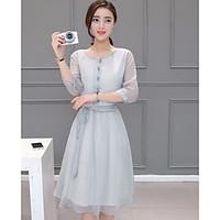 womens casualdaily skater dress solid round neck knee length sleeve po ...