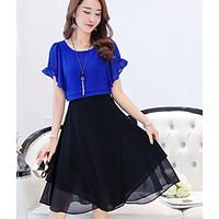 Women\'s Casual/Daily Two Piece Skater Dress, Solid Round Neck Knee-length Short Sleeve Polyester Summer High Rise Inelastic Thin