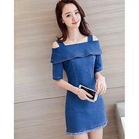 Women\'s Casual/Daily Simple Denim Dress, Solid Strap Mini ½ Length Sleeve Polyester Summer Mid Rise Inelastic Thin