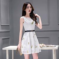 Women\'s Going out Holiday Cute A Line Dress, Print Round Neck Above Knee Sleeveless Lace Summer Mid Rise Inelastic Thin Medium