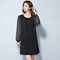 Women\'s Going out Lace Dress, Polka Dot Round Neck Midi Long Sleeve Polyester Summer Mid Rise Micro-elastic Medium