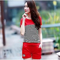 womens sports active summer t shirt pant suits striped letter round ne ...